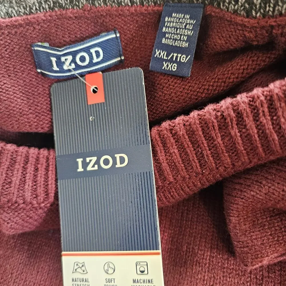 Izod Sweater Mens Size XXL Knit Burgundy Pullover Cotton Soft Natural Stretch